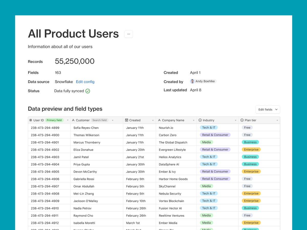 Data table preview showing 55 million records and 163 fields synced from Snowflake, with field types and tags