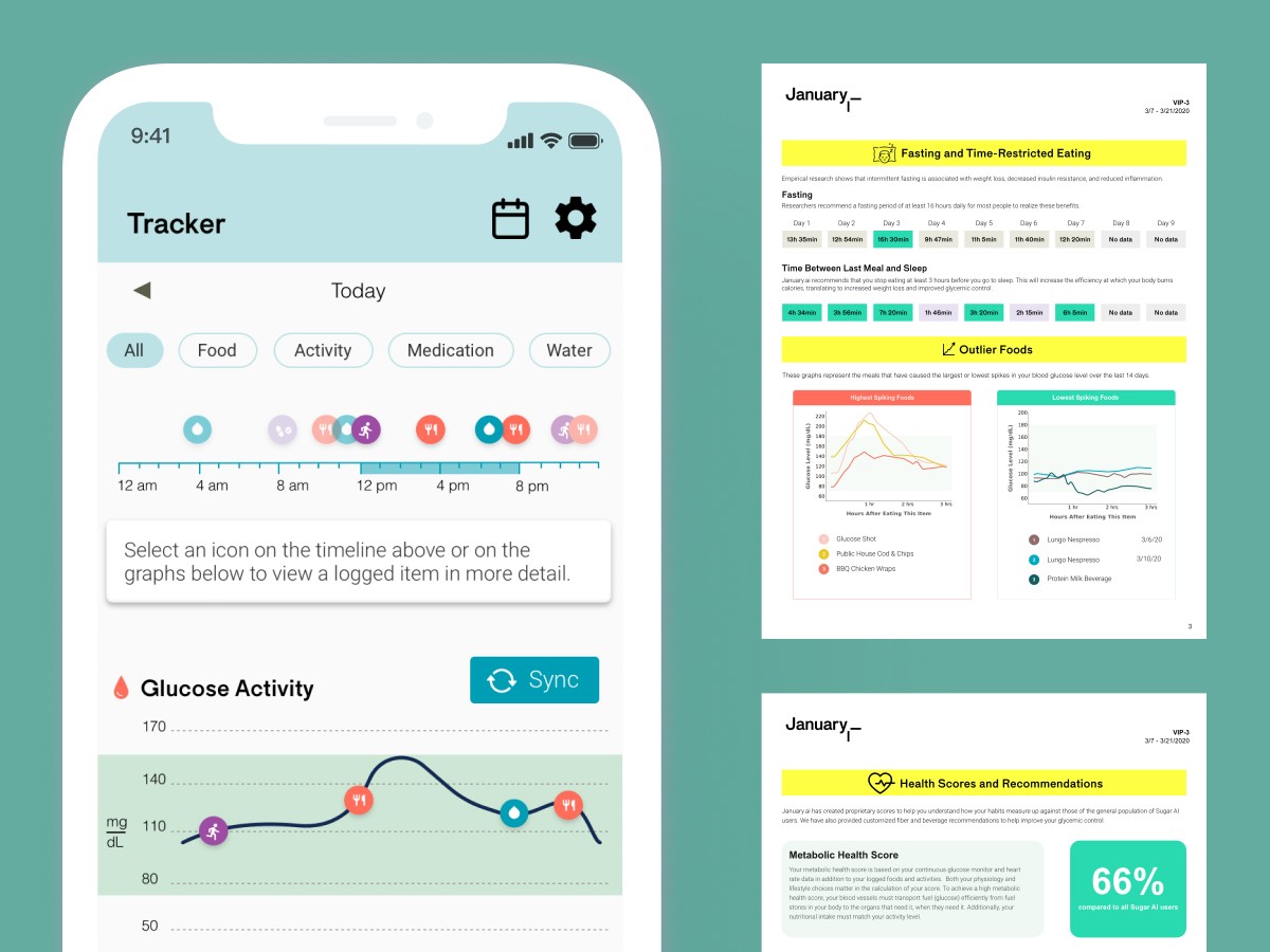 January.ai glucose tracker app showing a daily activity timeline and glucose activity chart, alongside fasting and health score report pages