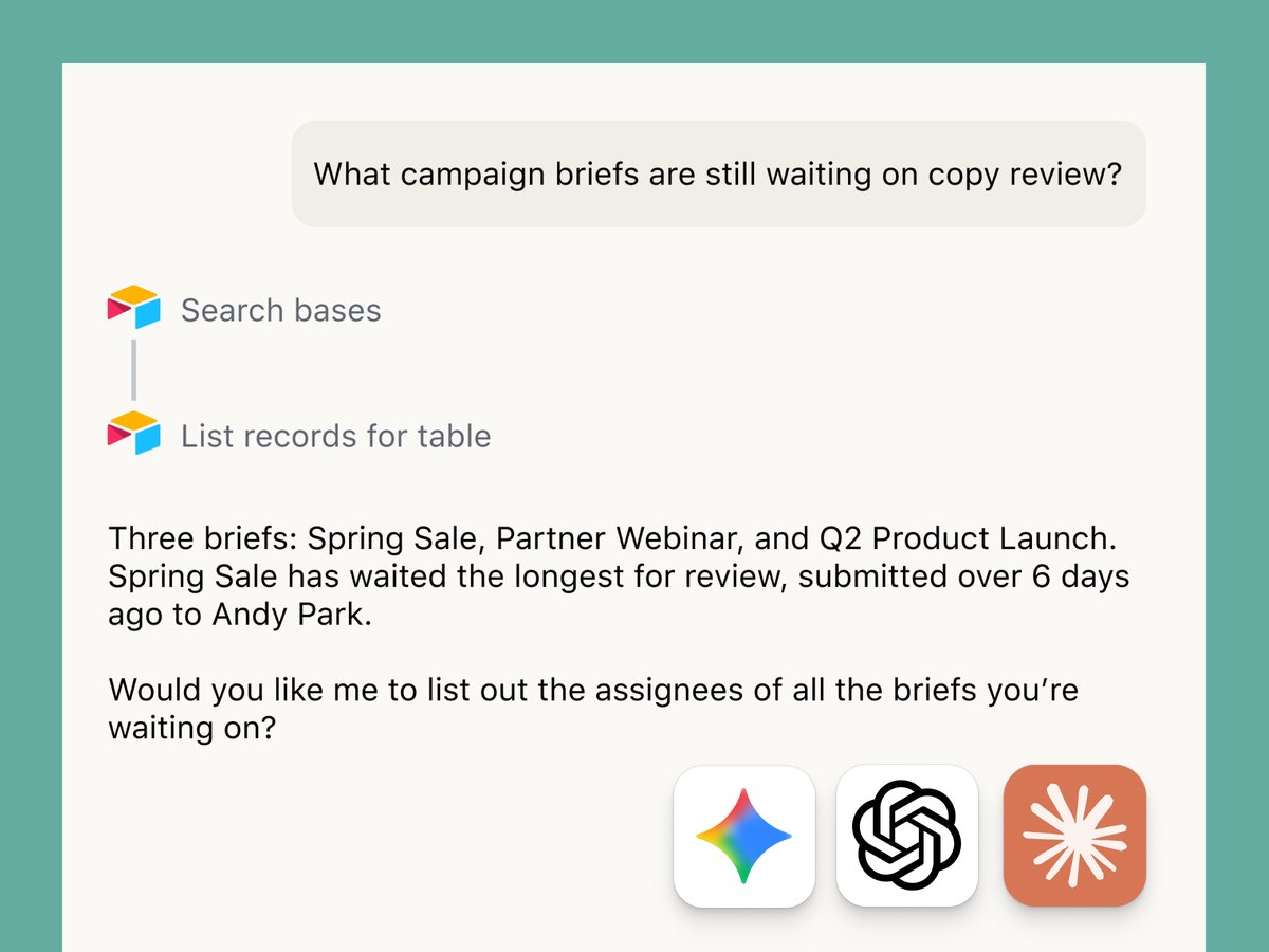 AI agent chat answering a question about campaign briefs by calling MCP tools to search bases and list records