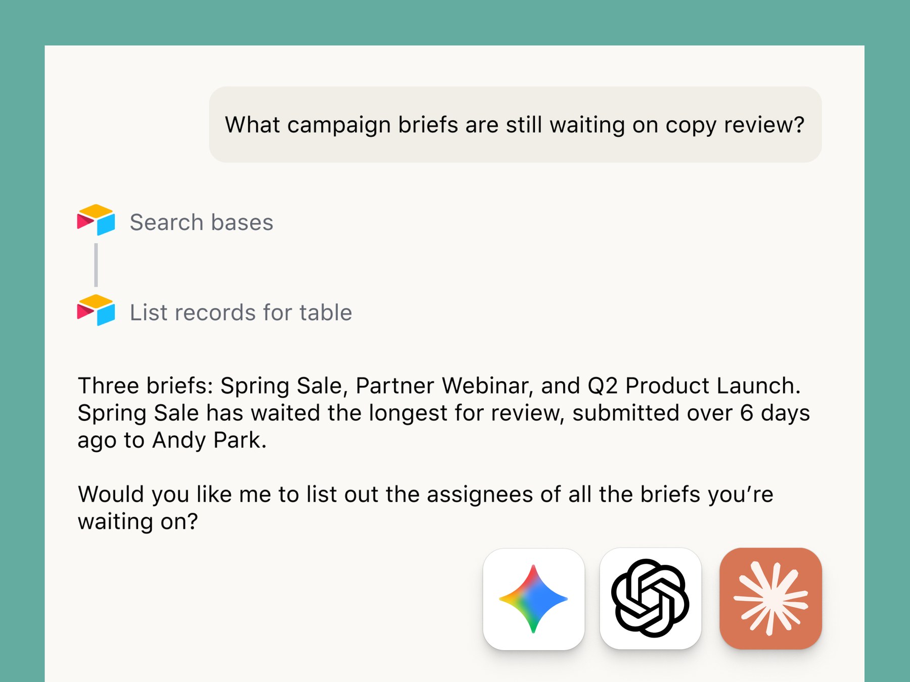 AI agent chat answering a question about campaign briefs by calling MCP tools to search bases and list records