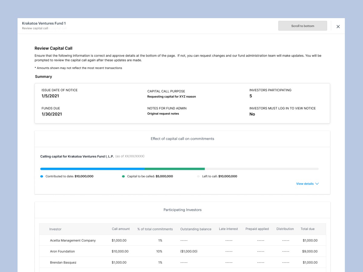 Review Capital Call screen showing a fund's capital call summary, effect on commitments, and a table of participating investors